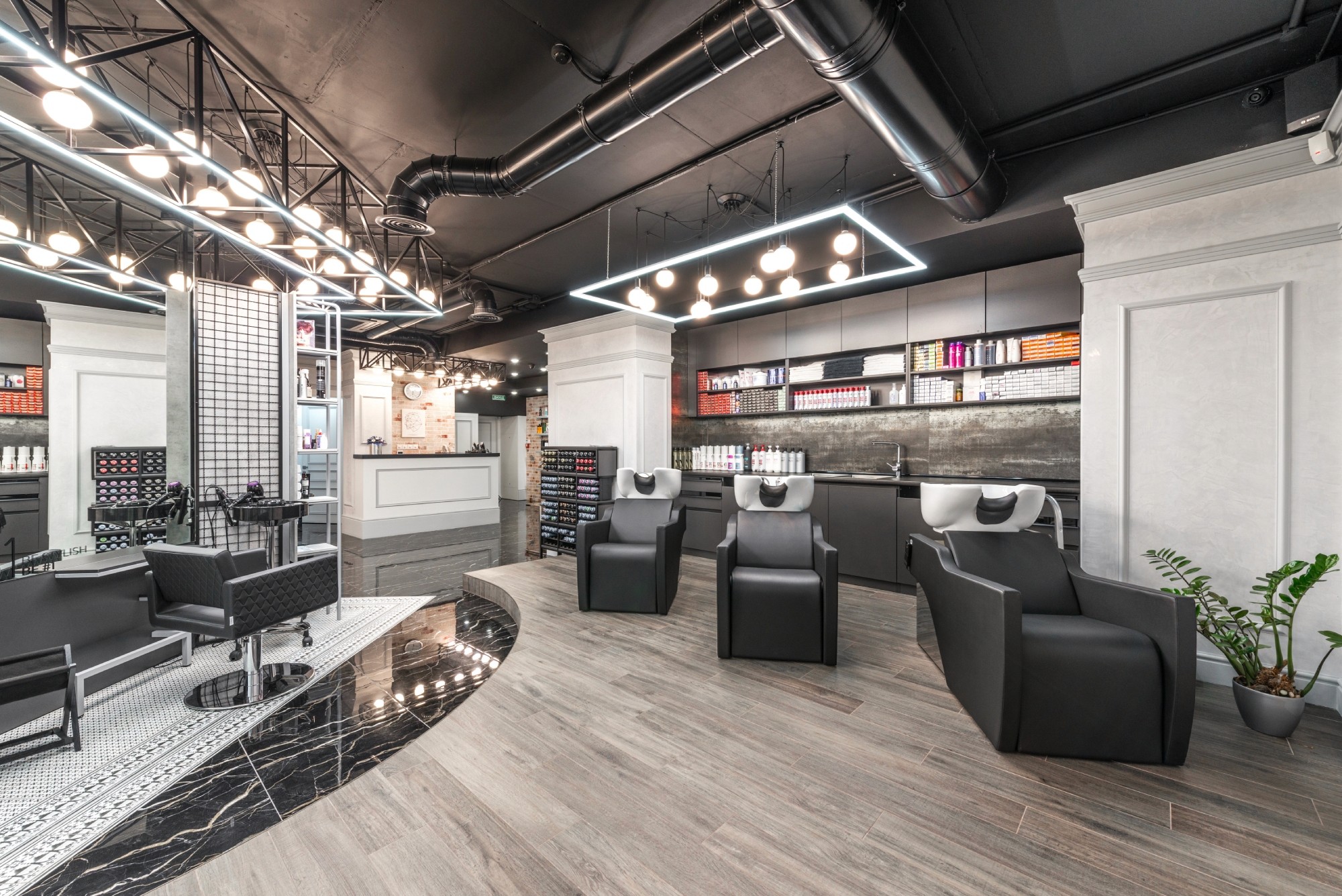 spa salon with black chairs