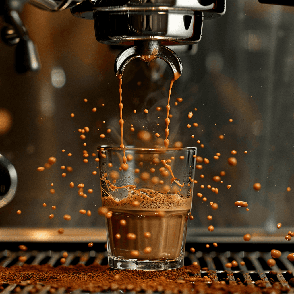 An espresso bing poured splashing out of the cup