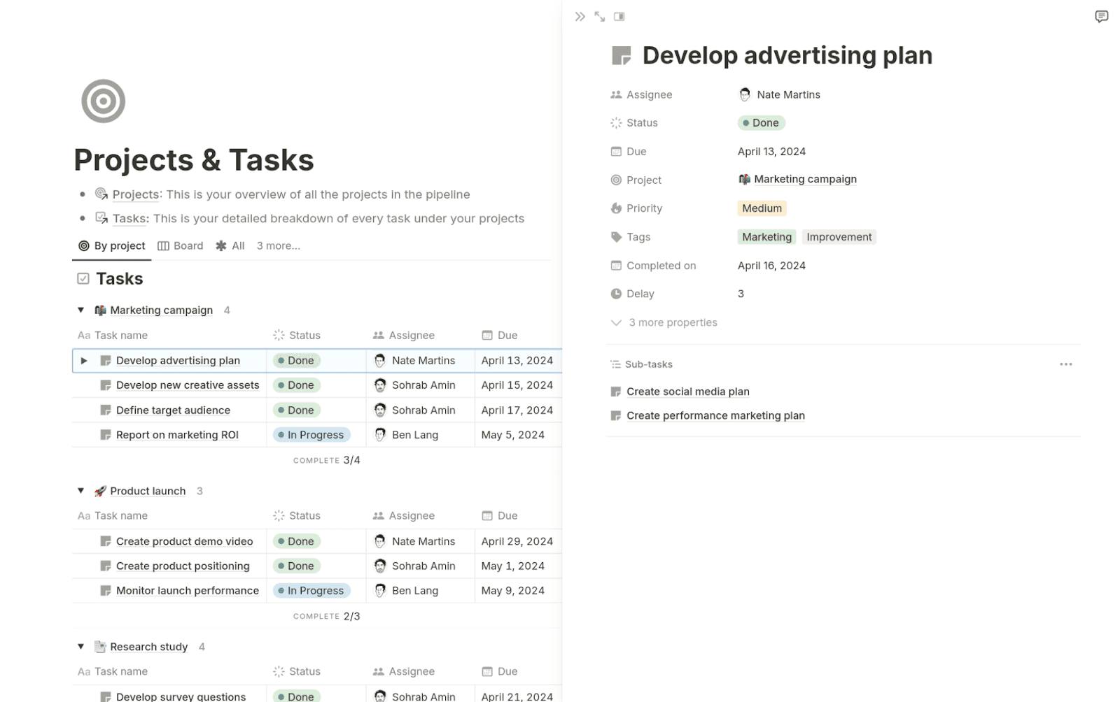 Projects & Tasks Template by Notion