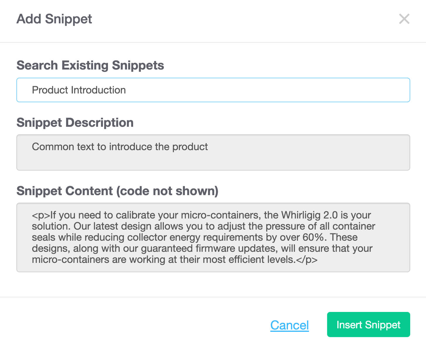 Screenshot of the KnowledgeOwl interface, showing the snippet search modal.