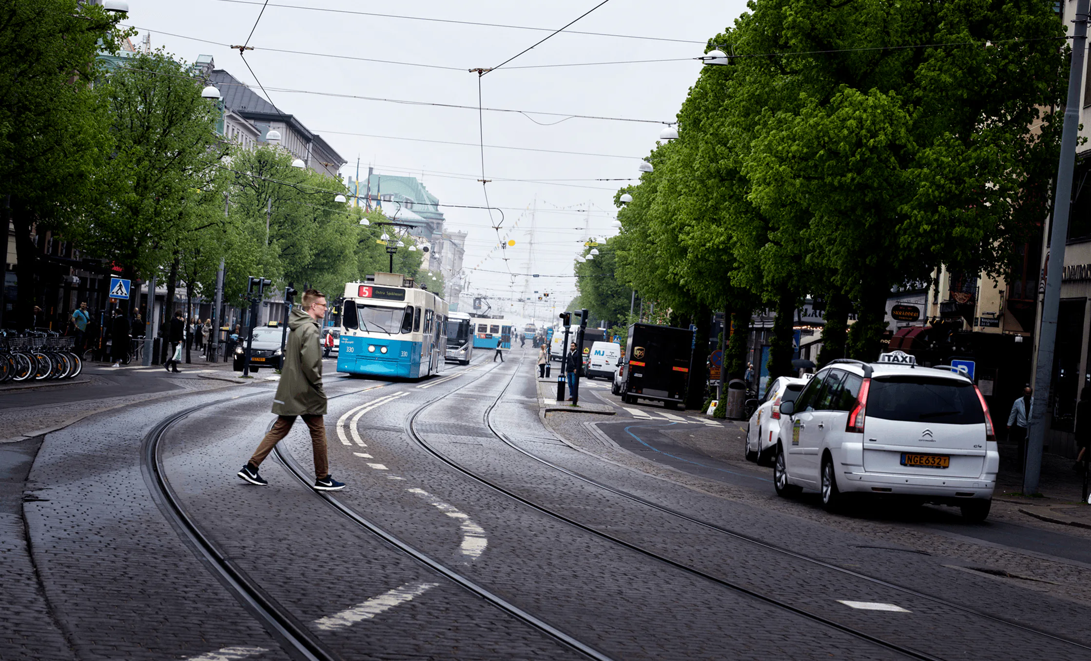 Man korsar spårvagnsspåren på en trädkantad gata i Göteborg