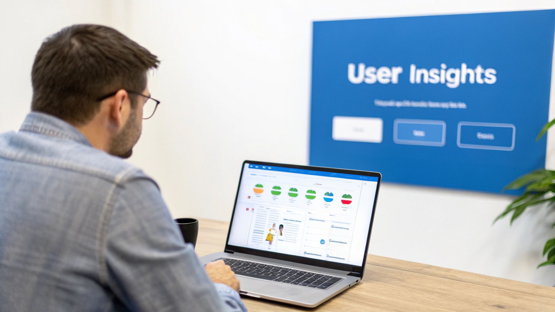 Illustration of a dashboard showing various user behavior metrics and graphs
