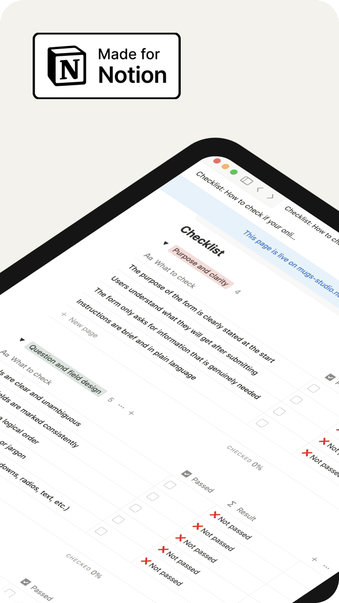 Notion template showing a checlist for online forms