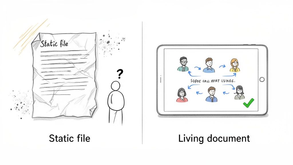 Illustration contrasting a crumpled static paper document with a dynamic, interactive digital living document on a tablet.