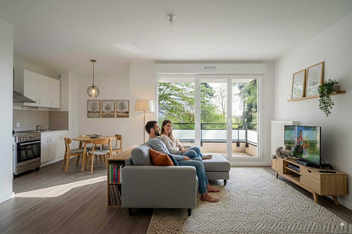 Couple détendu dans salon moderne et cuisine ouverte à Lille — home staging & photo immobilière Nord | Anteale | Yann Manac’h
