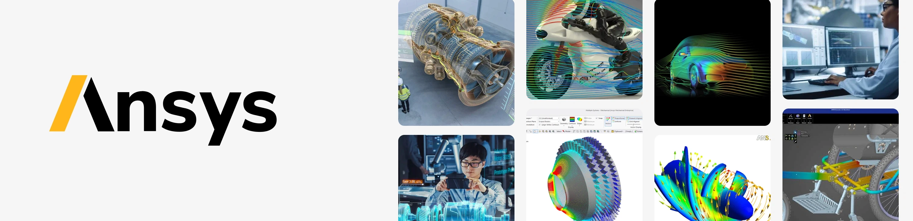 Ansys logo beside images of engine wireframes, airflow simulations over a car and a motorcycle, and stress analysis models