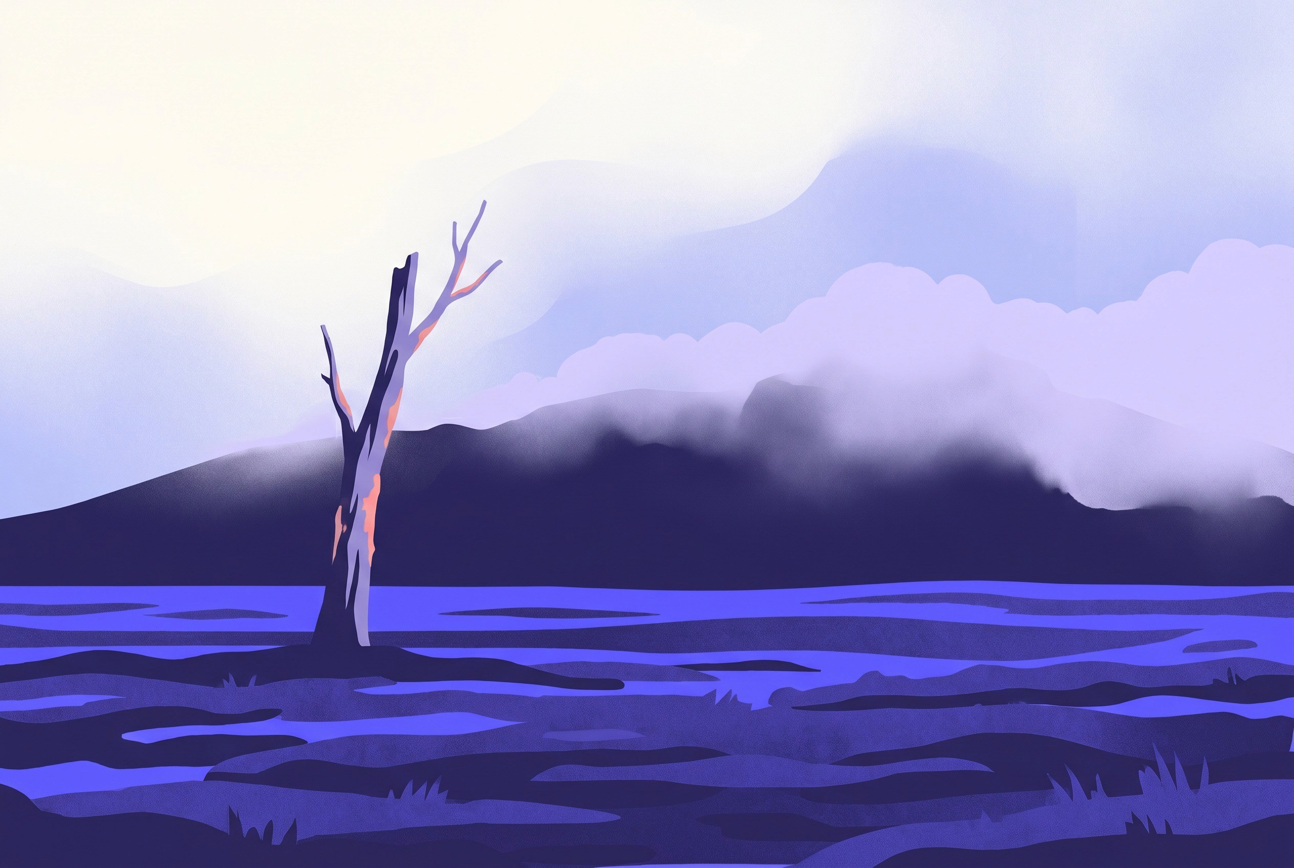 Flat editorial illustration, contemplative landscape composition representing Tasmania