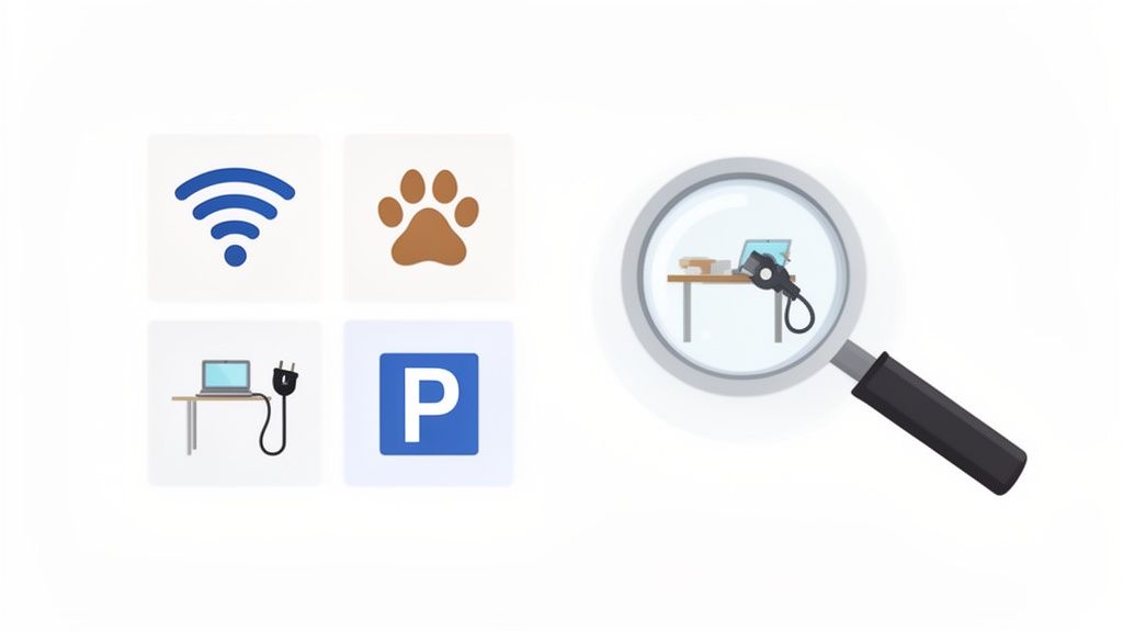 A magnifying glass inspecting icons for Wi-Fi, pet-friendly, workspace with power, and parking, symbolizing an amenities search.