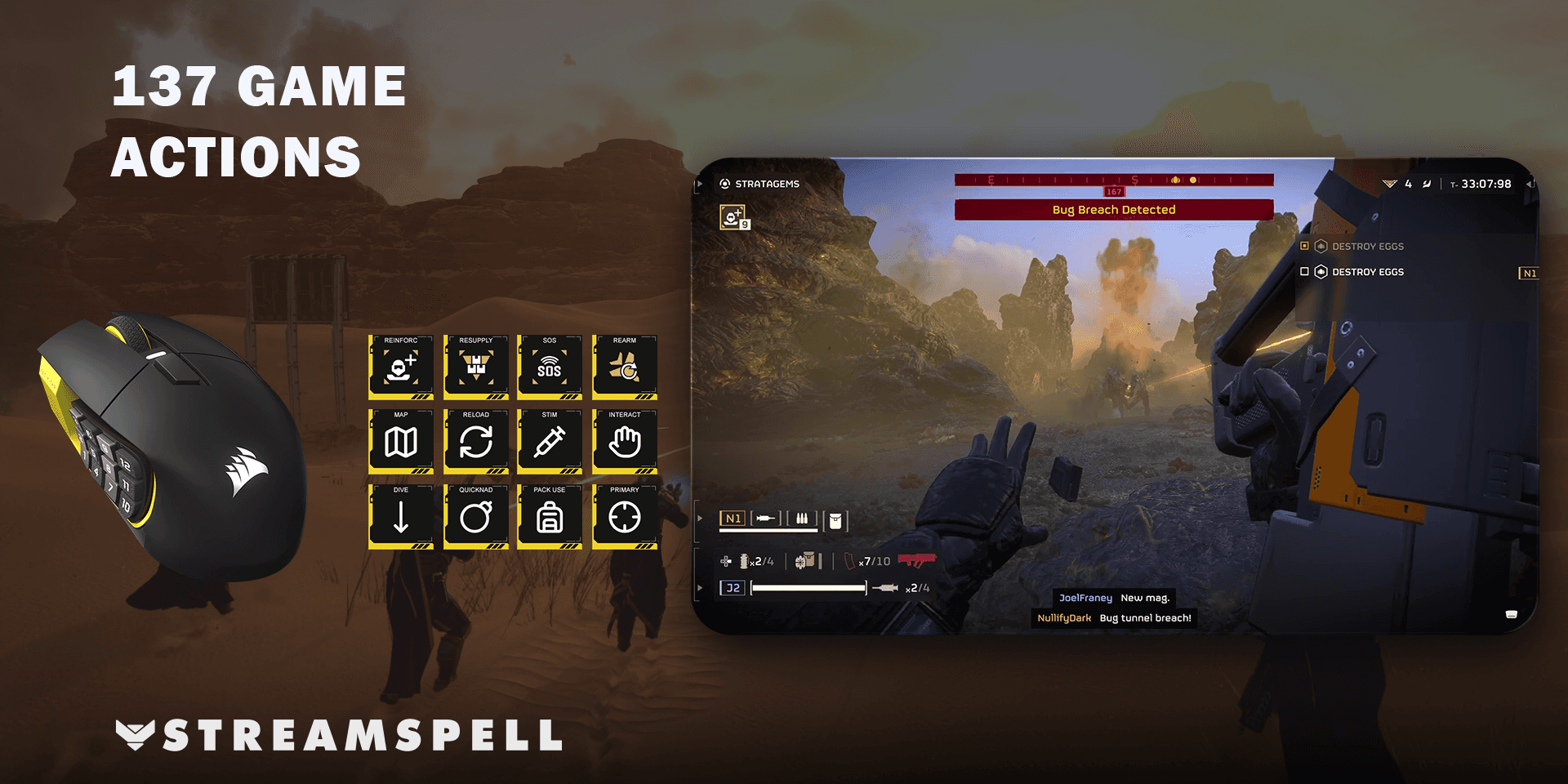 Helldivers 2 gameplay beside SCIMITAR mouse controls and matching command artwork