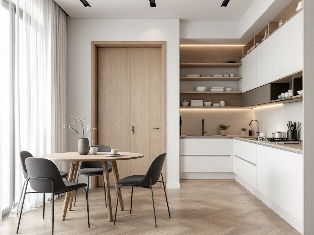 Minimalist kitchen and dining area with wooden floors and white cabinets