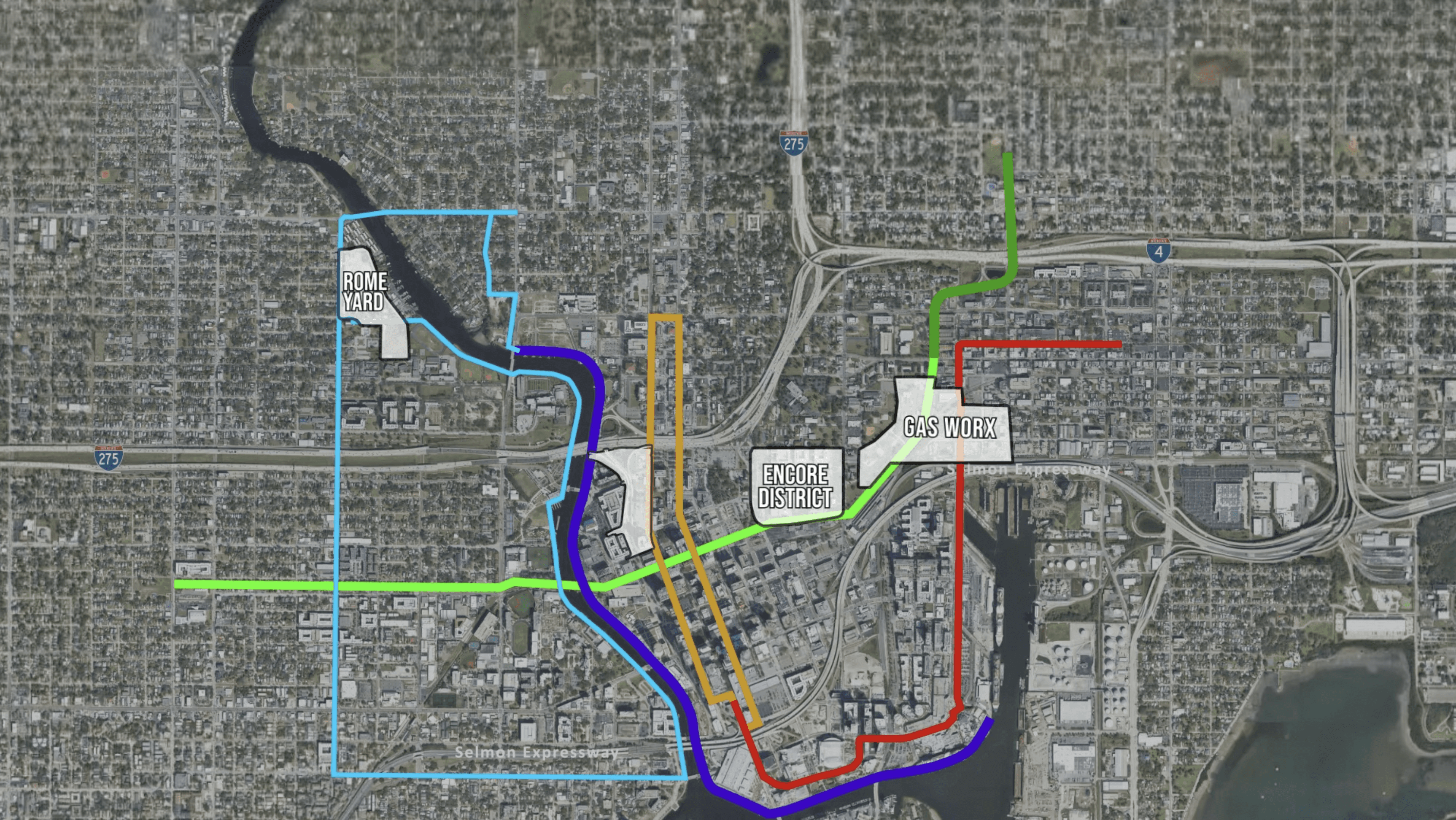 Detailed site plan of the North Downtown Tampa development showing property boundaries, pedestrian connections, and building footprints with colored overlays