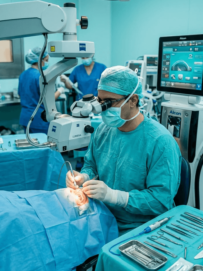 Médico em cenário cirúrgico representando treinamento prático em glaucoma