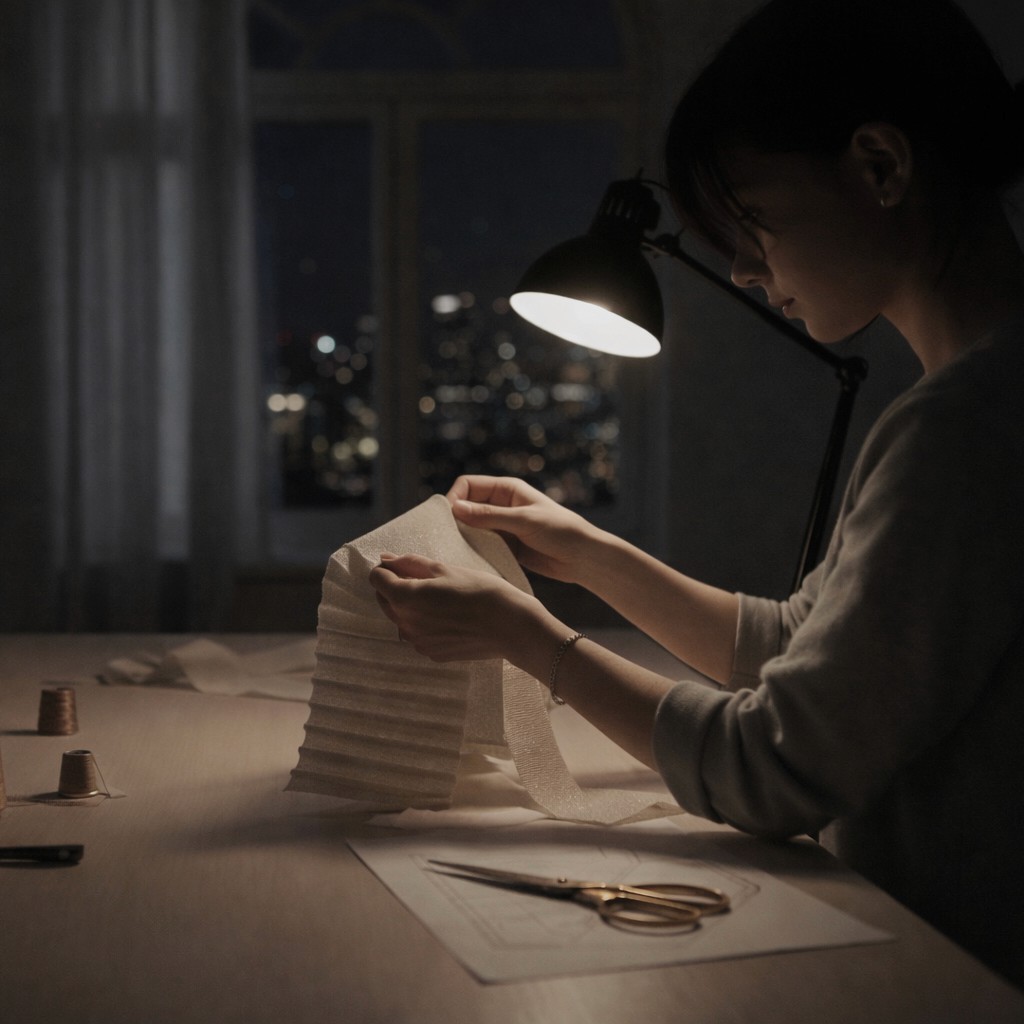 Close-up of a person inspecting a strip of pleated cream fabric in a dimly lit studio, with city lights visible through a window.