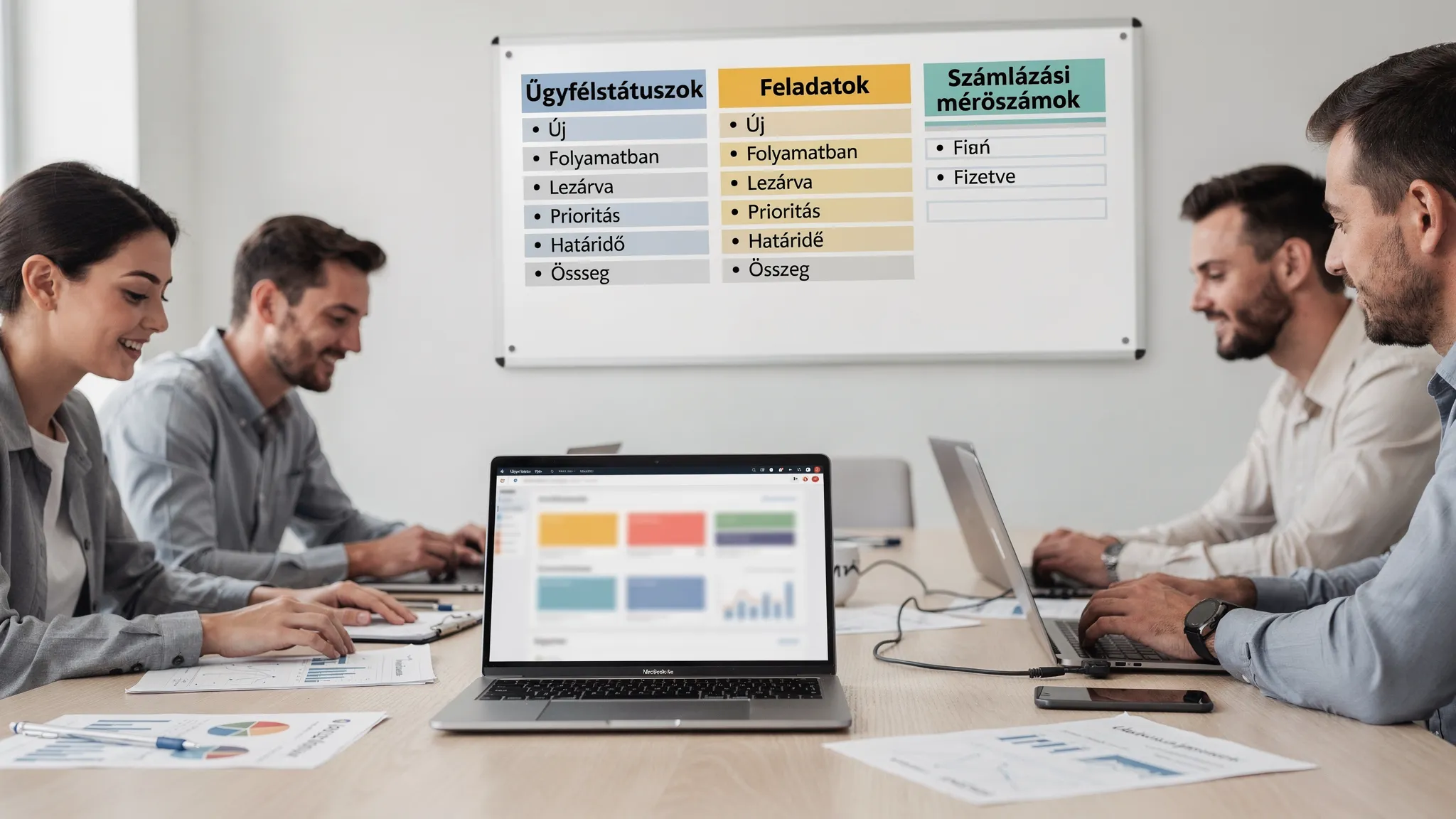 Kisvállalkozás irodai helyzete: csapat egy asztalnál papírok és laptopok mellett, a falon egy egyszerű, olvasható tábla jelzi az ügyfélstátuszokat, feladatokat és számlázási mérőszámokat. A laptop képernyője a néző felé fordul, és semmilyen konkrét m...