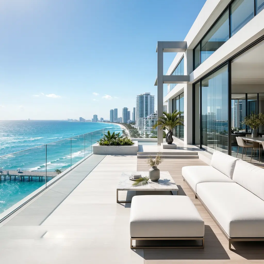 Expansive modern oceanfront terrace in South of Fifth featuring white outdoor lounge seating, glass railings, and sweeping views of the turquoise ocean, a private pier, and the Miami Beach coastline