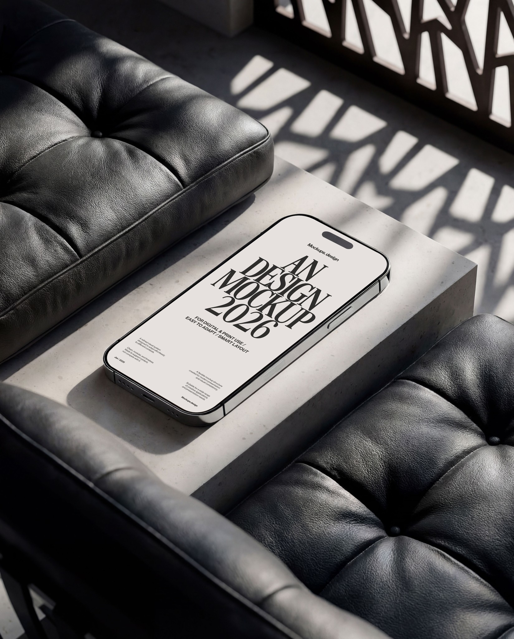 iPhone 16 mockup on table, neutral scene for design showcase