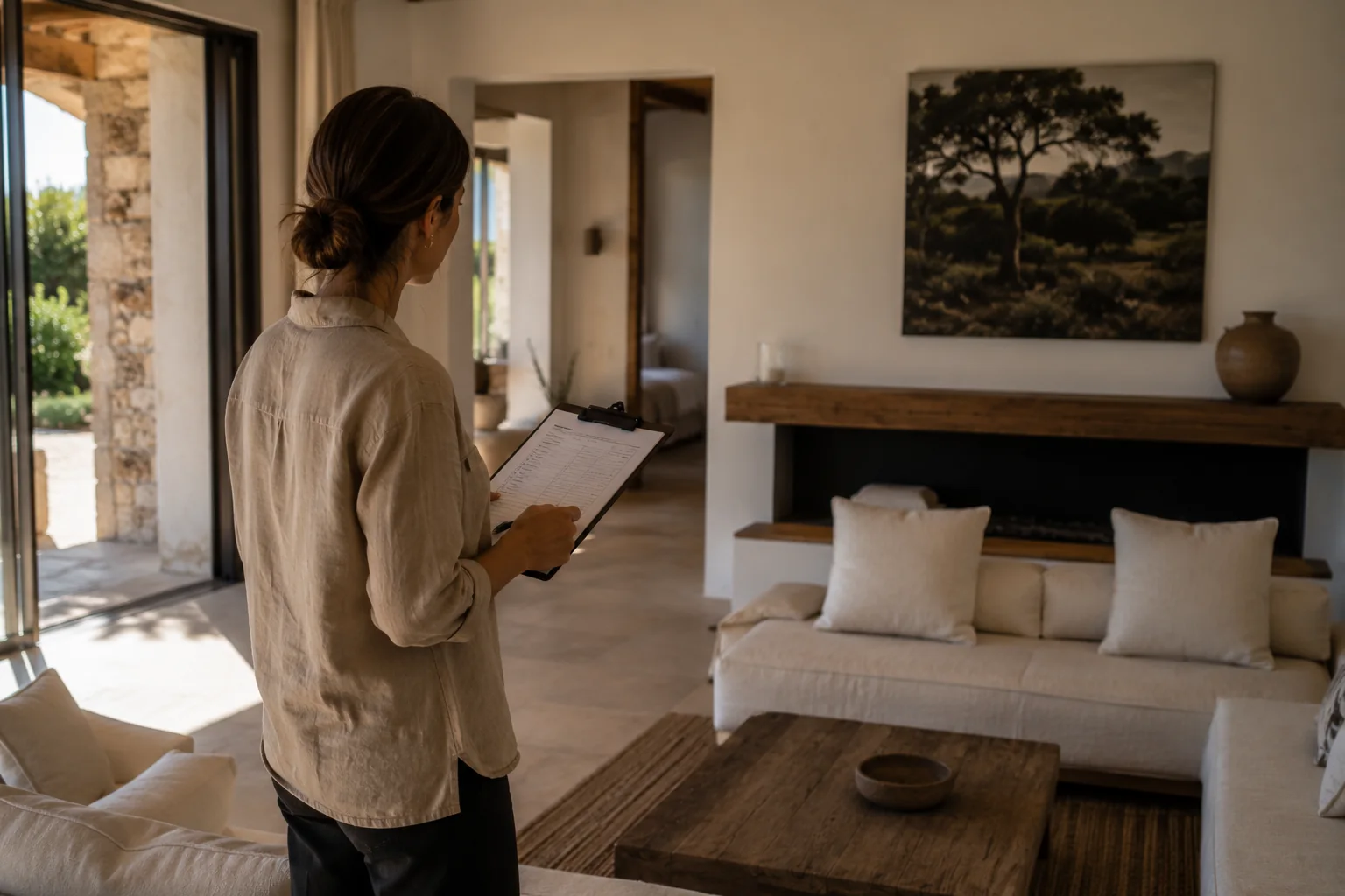 Contrôle du salon d’une villa avant l’arrivée des voyageurs