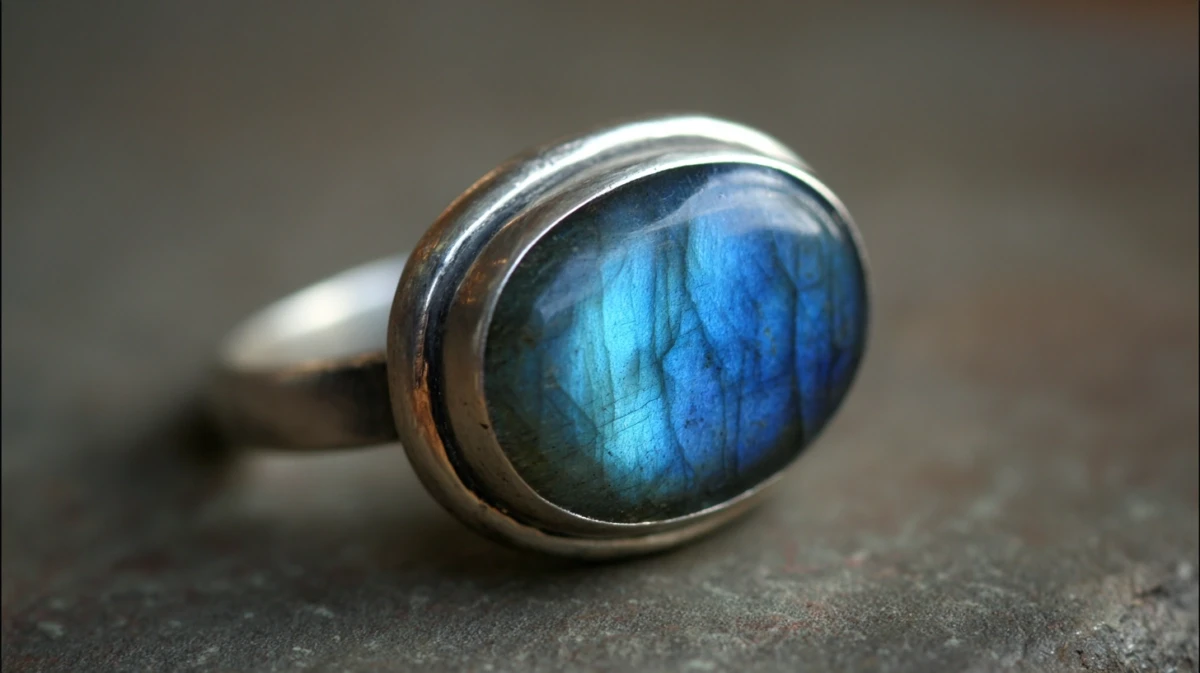 Labradorite cabochon ring in bezel setting showing stone protection