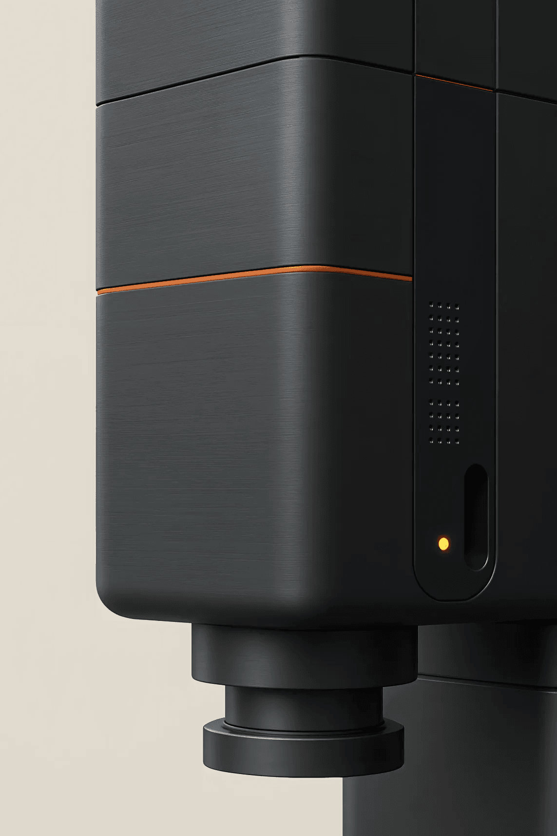 Black industrial sensor device with small photo of man working at computer