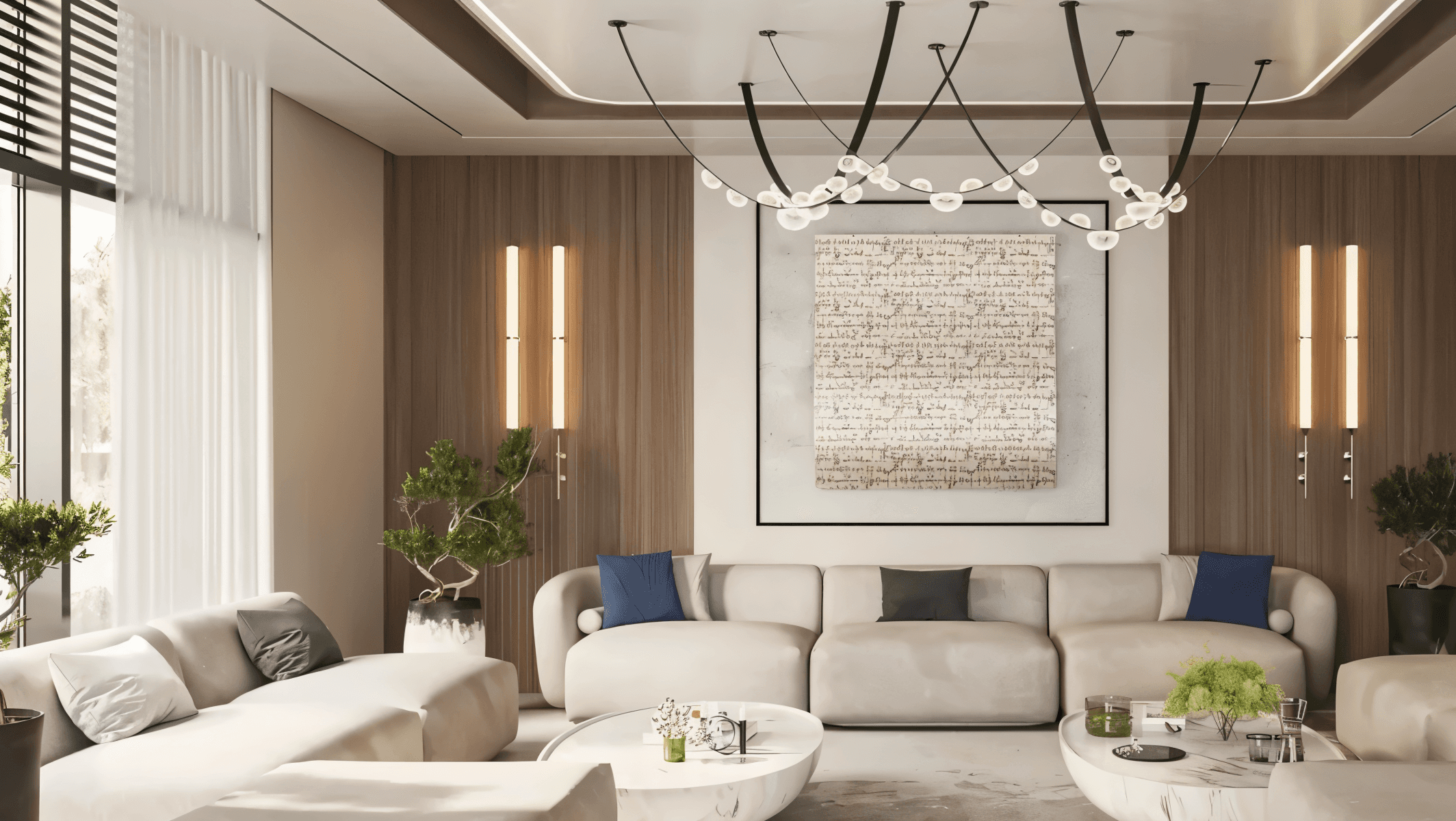 A modern living room featuring a large painting on the wall, styled in a Binghatti Vintage aesthetic.