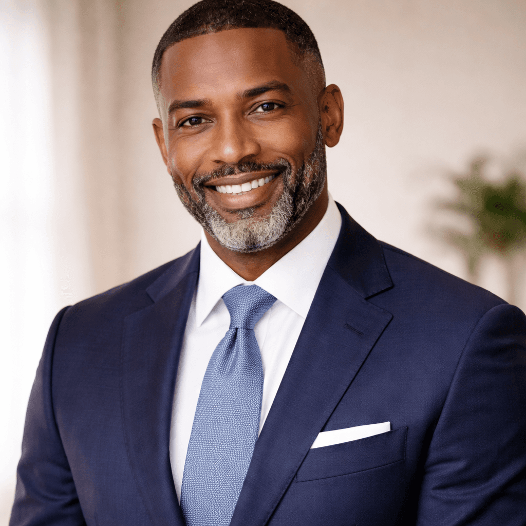 a man in a blue suit posing for a picture