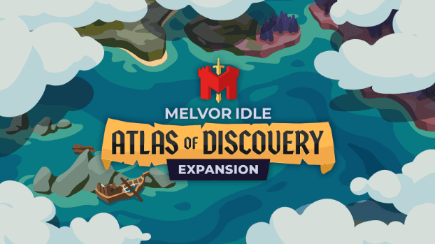 An image of a world appearing through the clouds with the Melvor Idle Atlas of Discovery logo