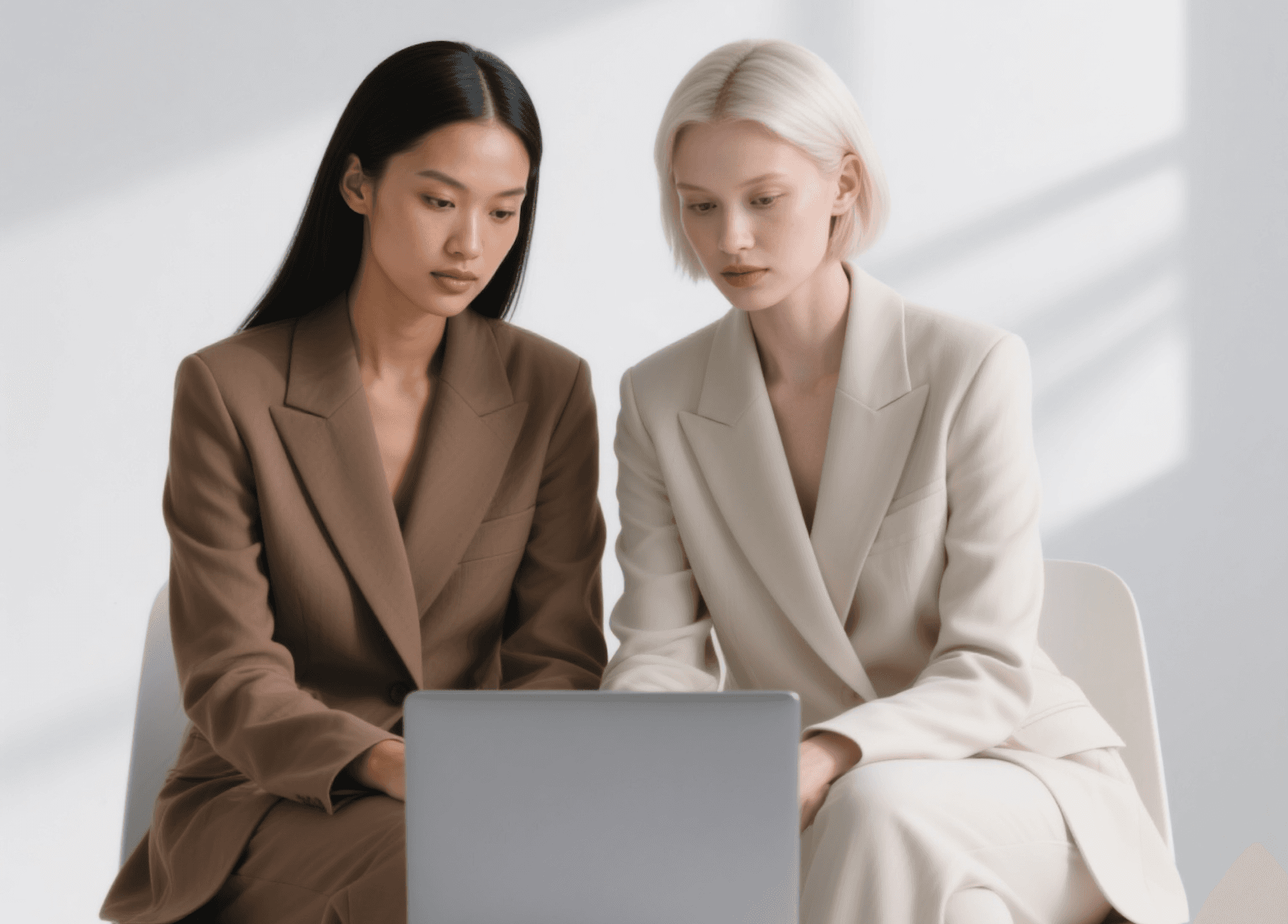 Confident two female professional using a laptop at a bright workspace with a coffee cup.
