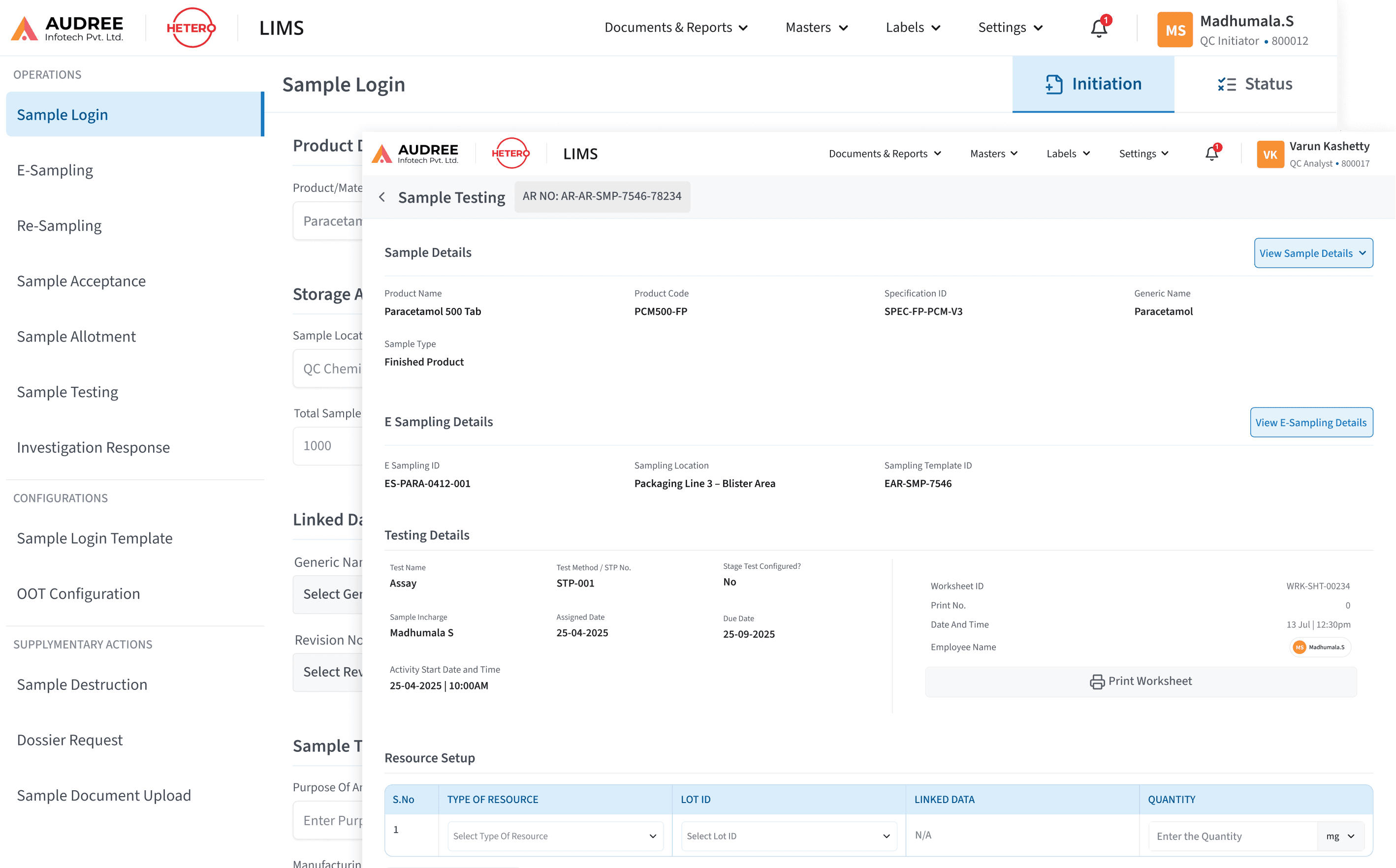LIMS Software Sample Login & Testing Screen