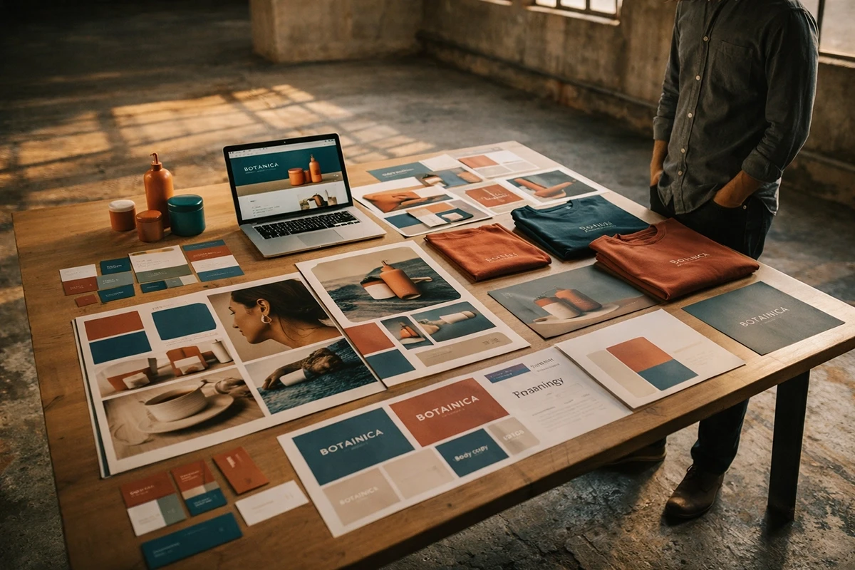 Brand identity design presentation for Botainica spread across wooden table, featuring mood board, business cards, branded apparel, colour palette swatches, and laptop mockup in industrial studio