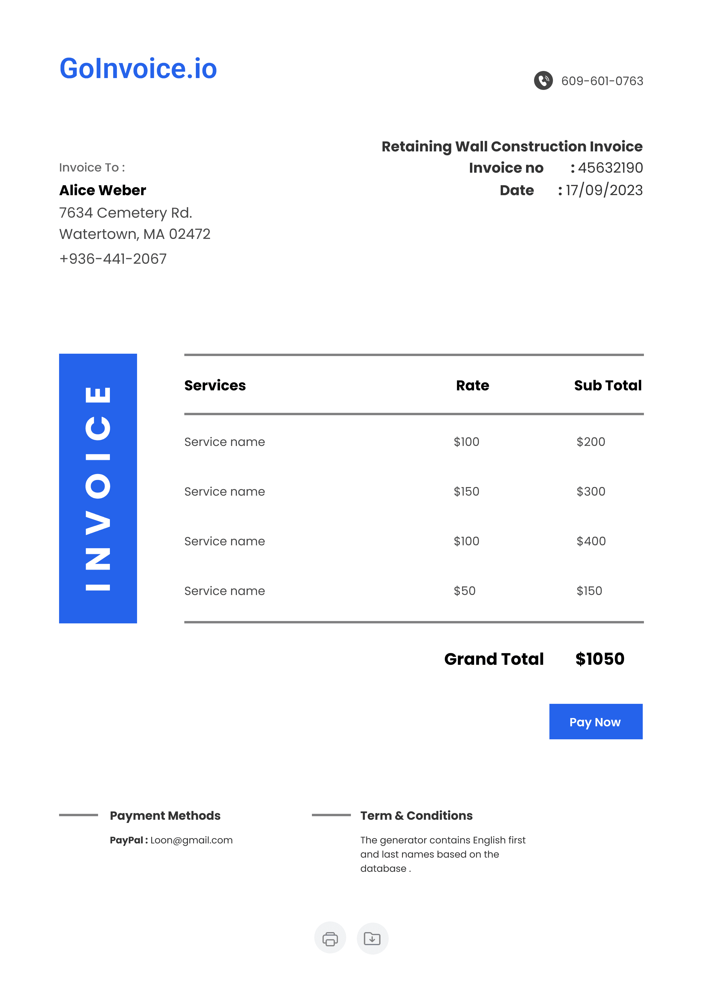 Retaining Wall Construction Invoice