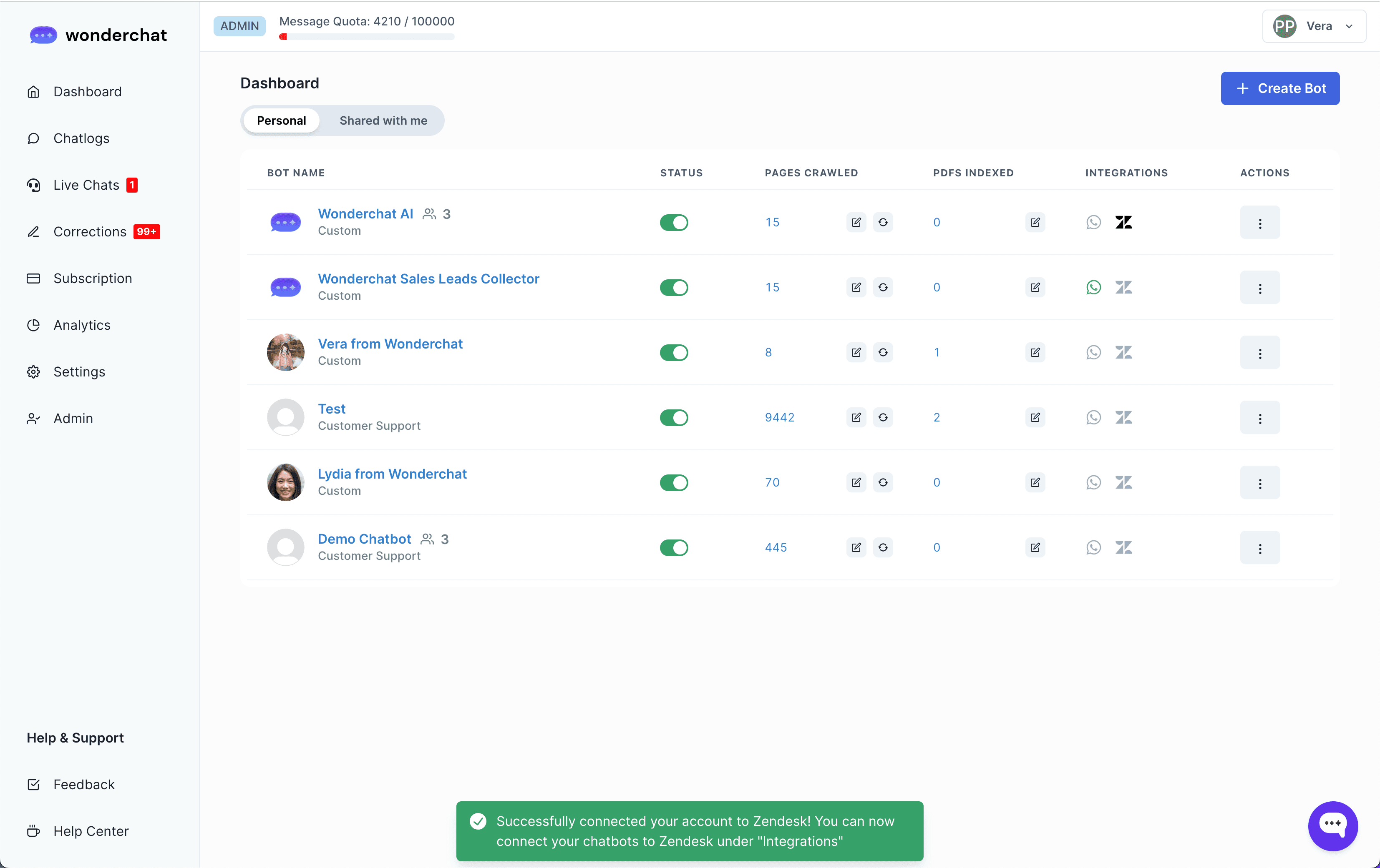 Successful connection to Zendesk message 