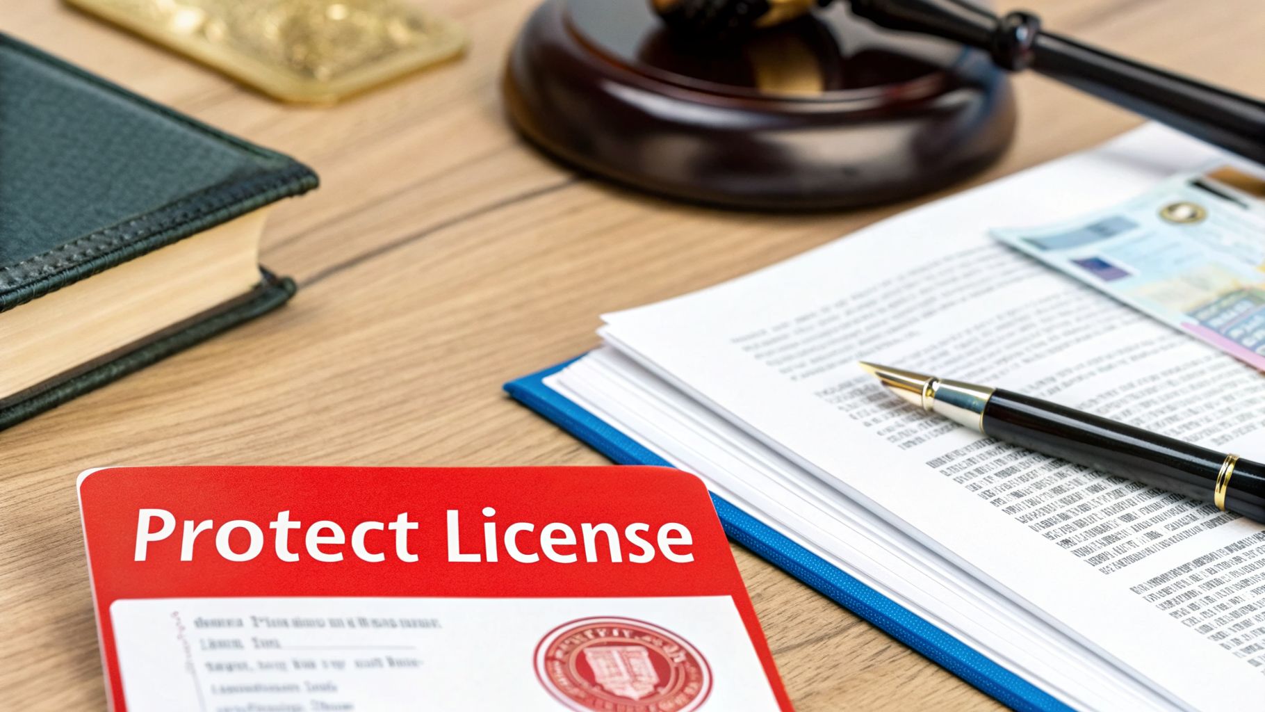 A red 'Protect License' card, legal documents, a gavel, and a pen on a wooden desk, symbolizing legal protection.