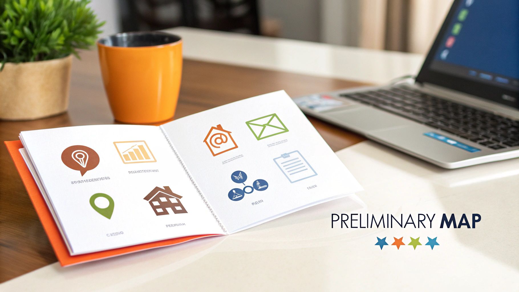An open booklet displaying various icons and 'PRELIM-INARY MAP' text on a desk with a laptop and plant.