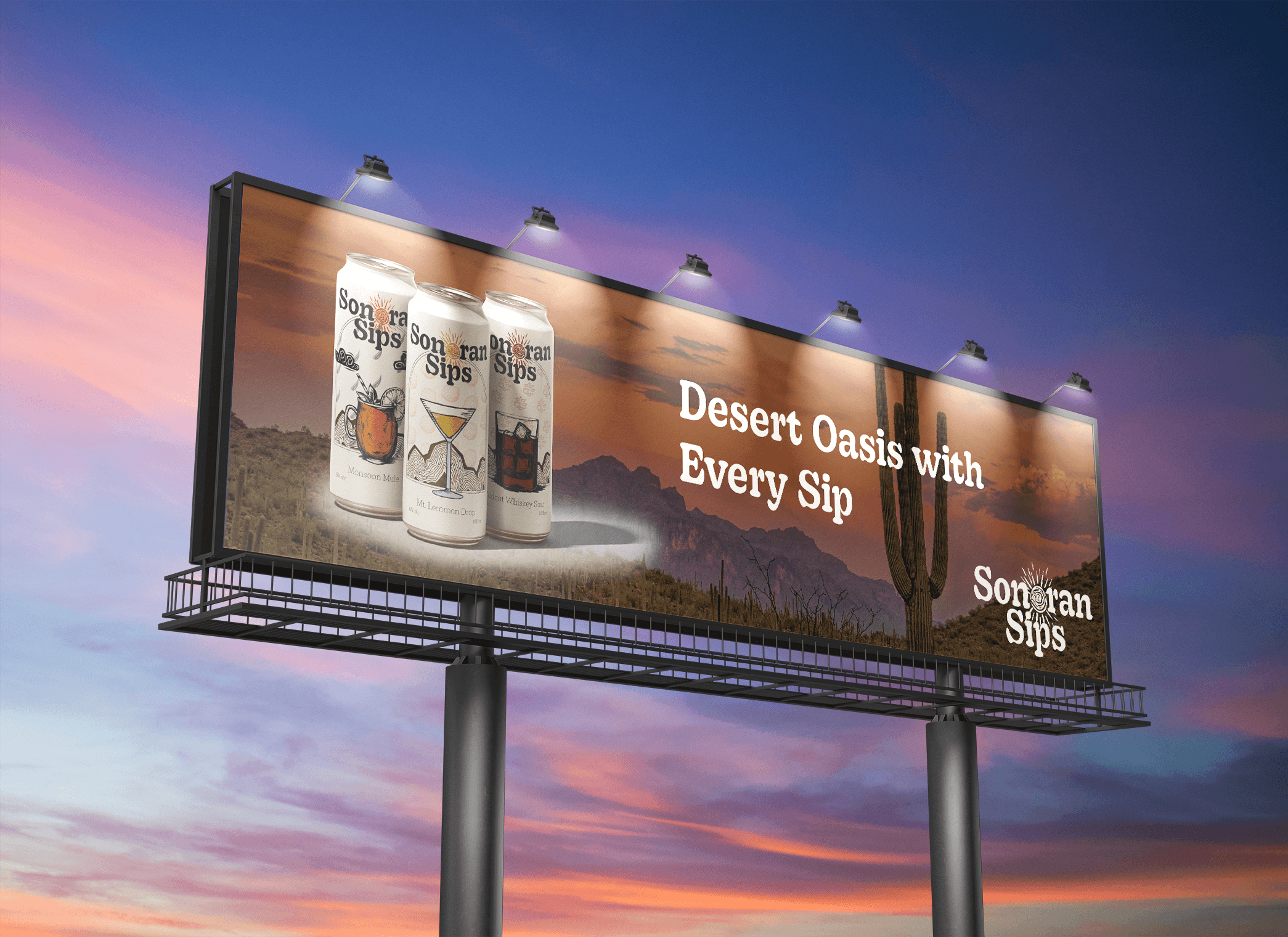 Photo of a billboard with 3 cans on it with a sunset in the background