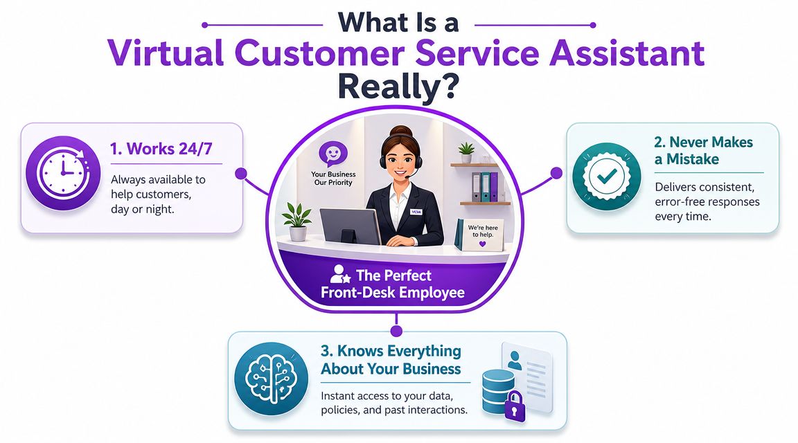A digital infographic explaining three key benefits of utilizing a virtual customer service assistant for business operations.