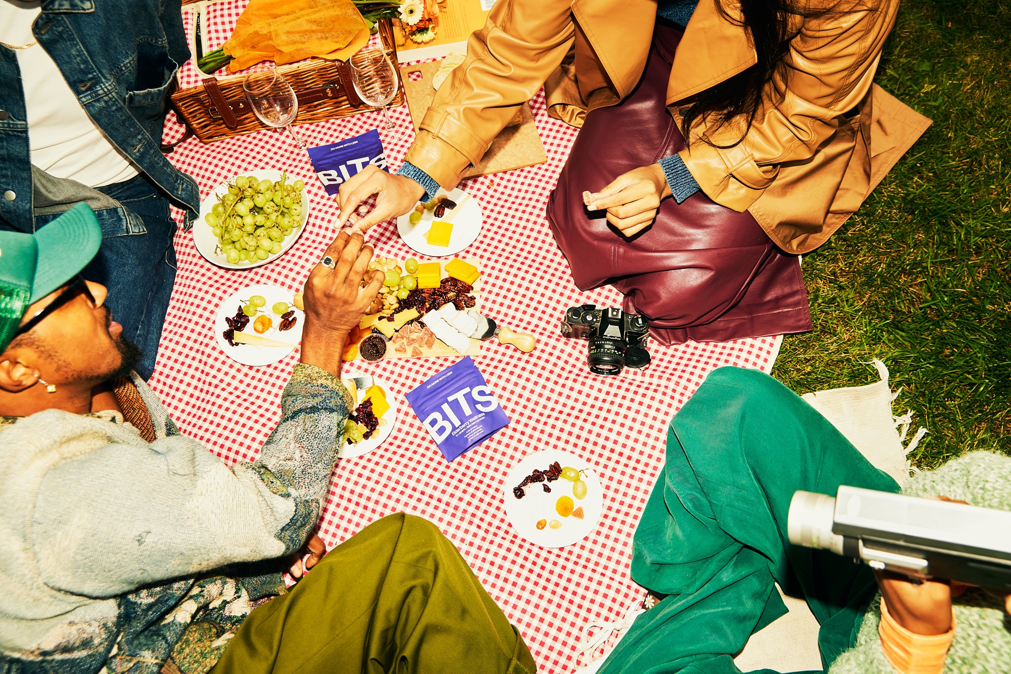 Woman with fur stole and jeans from above
