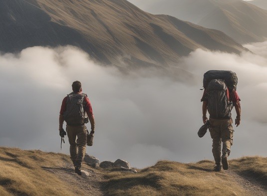 two men backpacking in the wild, foggy landscape