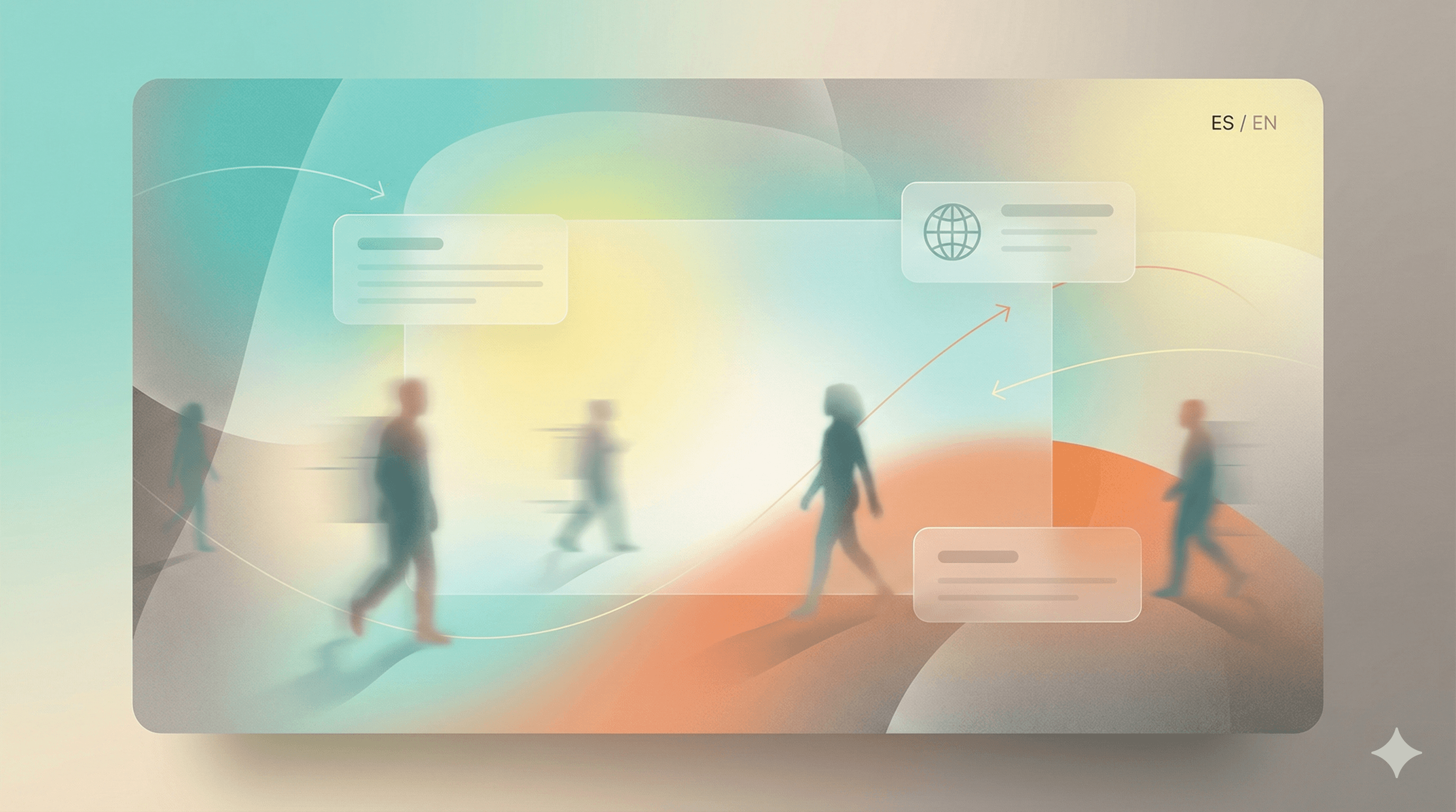 Varias figuras humanas difuminadas caminan entre módulos digitales e iconos conectados con flechas, con el texto ES/EN indicando un entorno de web multiidioma