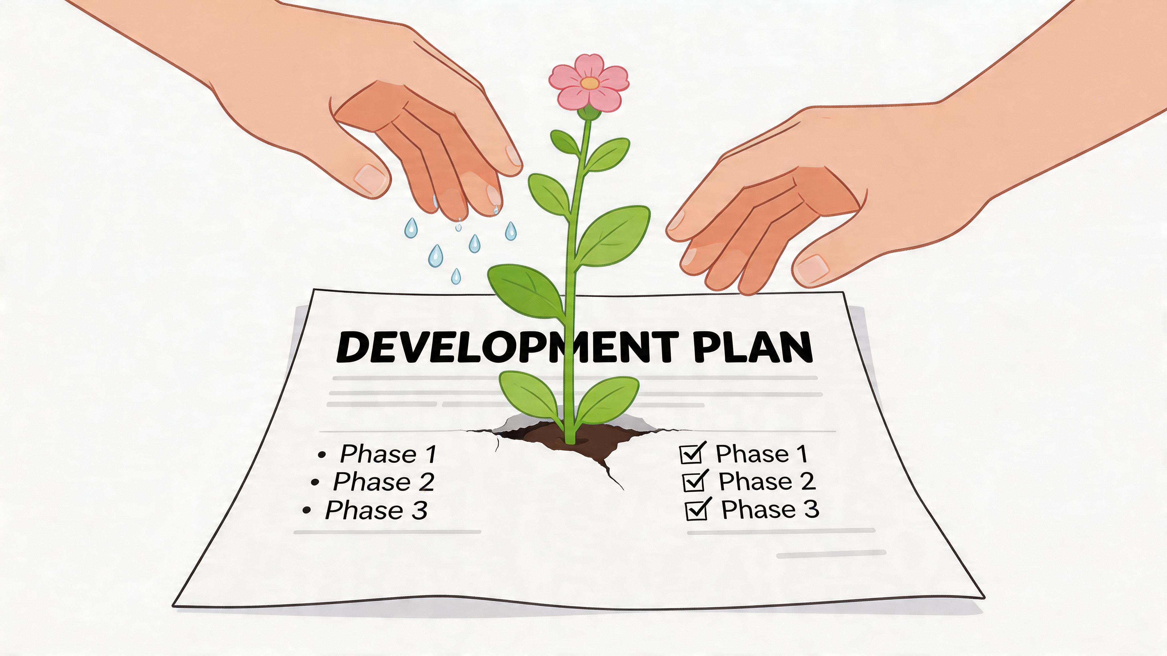 Hands caring for a growing flower sprouting through a paper document titled development plan with checked phases.