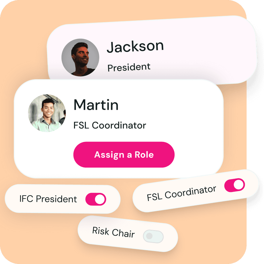 Lounge roster management interface displaying officer roles and chapter leadership assignments across fraternity and sorority councils