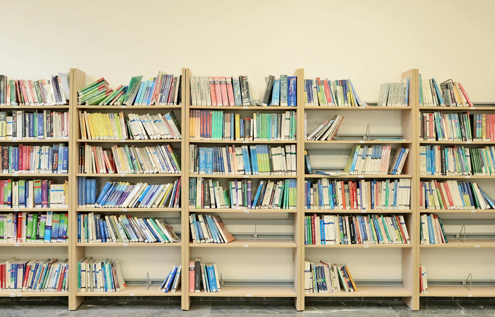 Neat rows of colorful book spines organized by category in white wooden bins on a low classroom library shelf.
