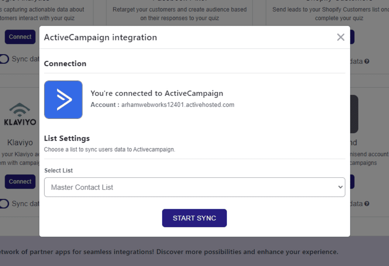 Select Activecampaign List and Start Sync