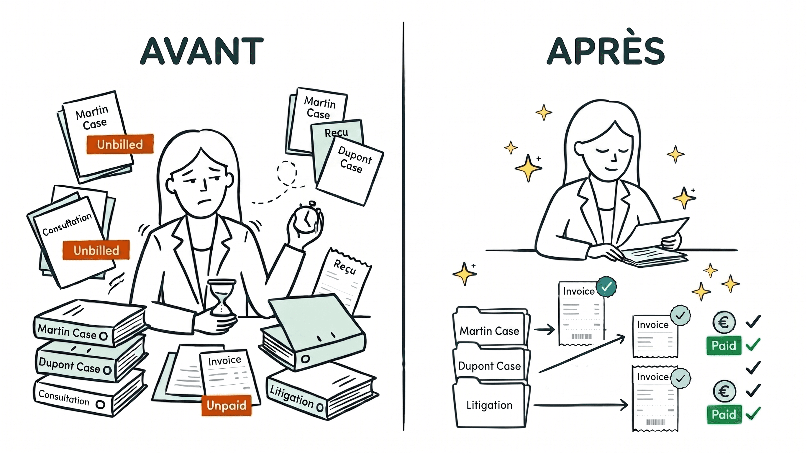 Avant/après pour un cabinet d'avocats : à gauche une avocate débordée avec des dossiers non facturés et des impayés, à droite chaque dossier est facturé et les clients ont réglé