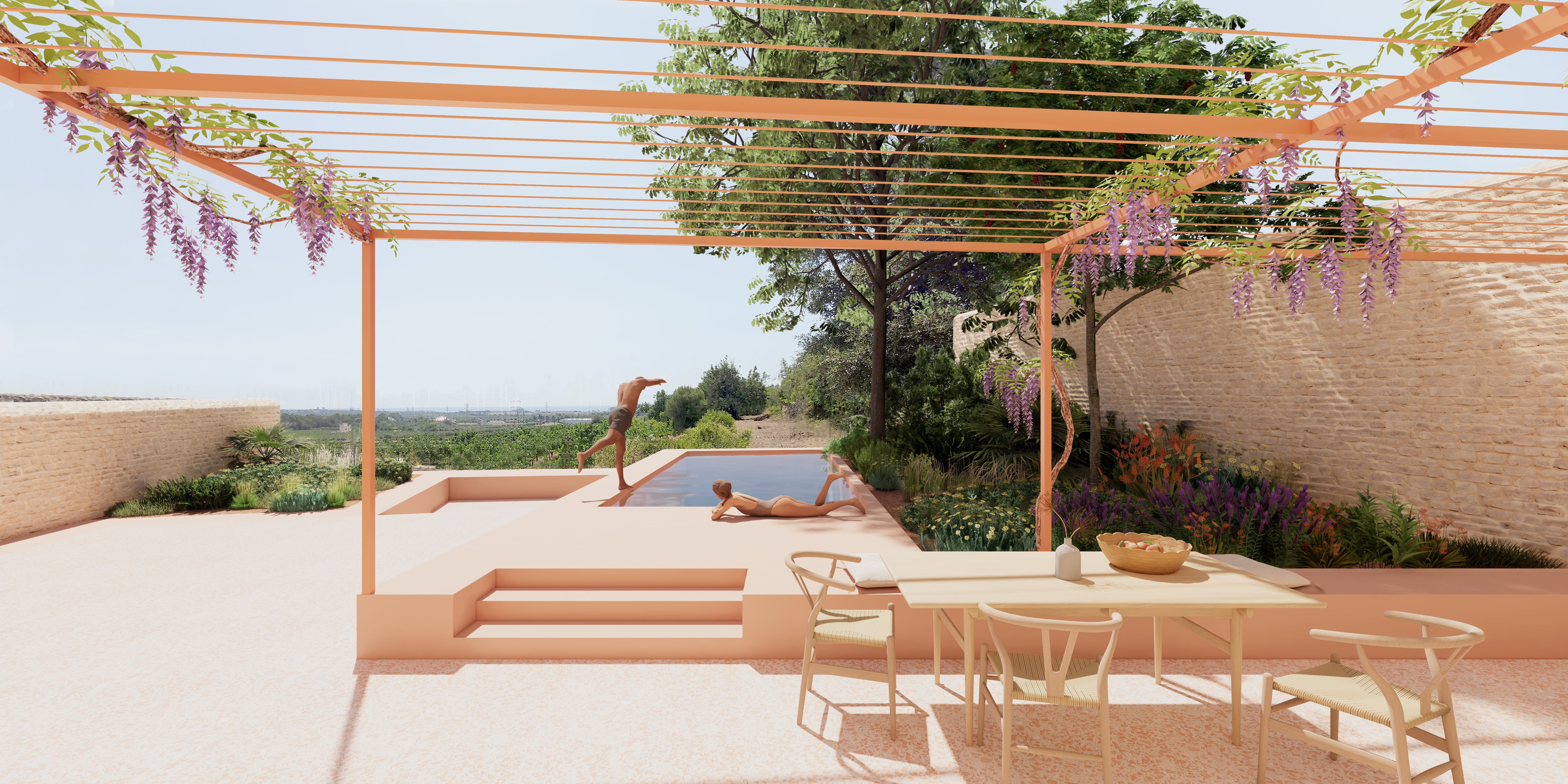 Reforma exterior de la masieta, con una piscina naturalizada y plantaciones arbustivas autóctonas