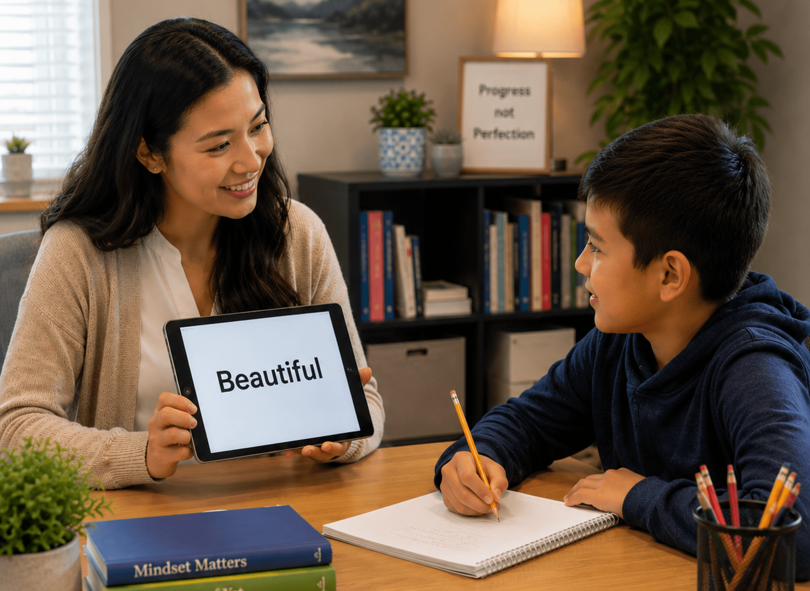 A tutor working with a yound student