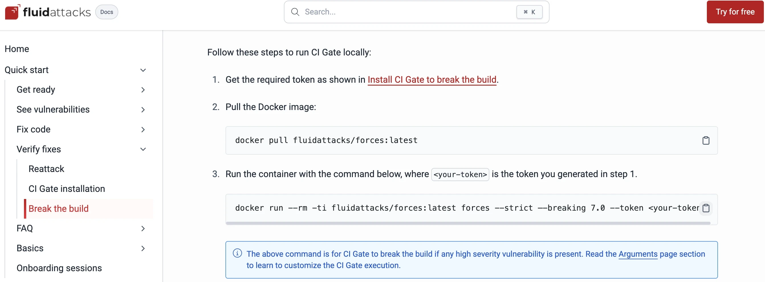 Comando do CI Gate configurado para quebrar o build diante de achados altos
