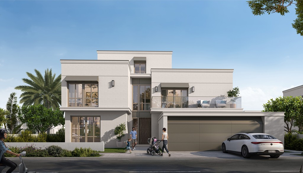 A sleek modern residence featuring a car in the driveway, created by Palmiera Collective