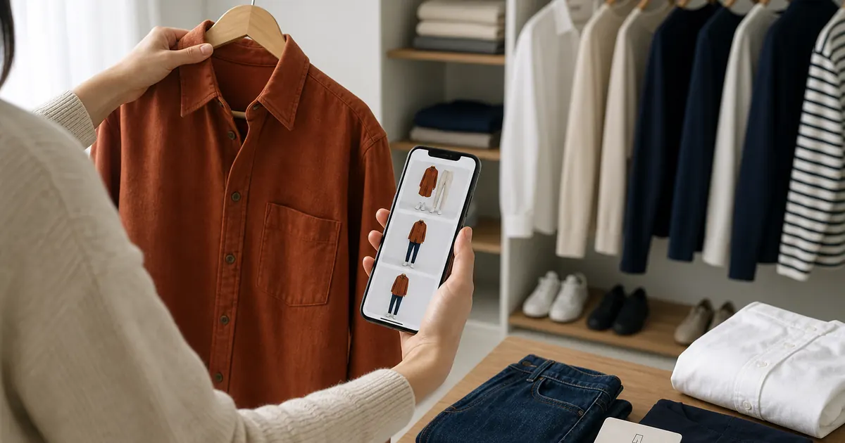 Person reviewing a planned wardrobe and clothing options before making a purchase