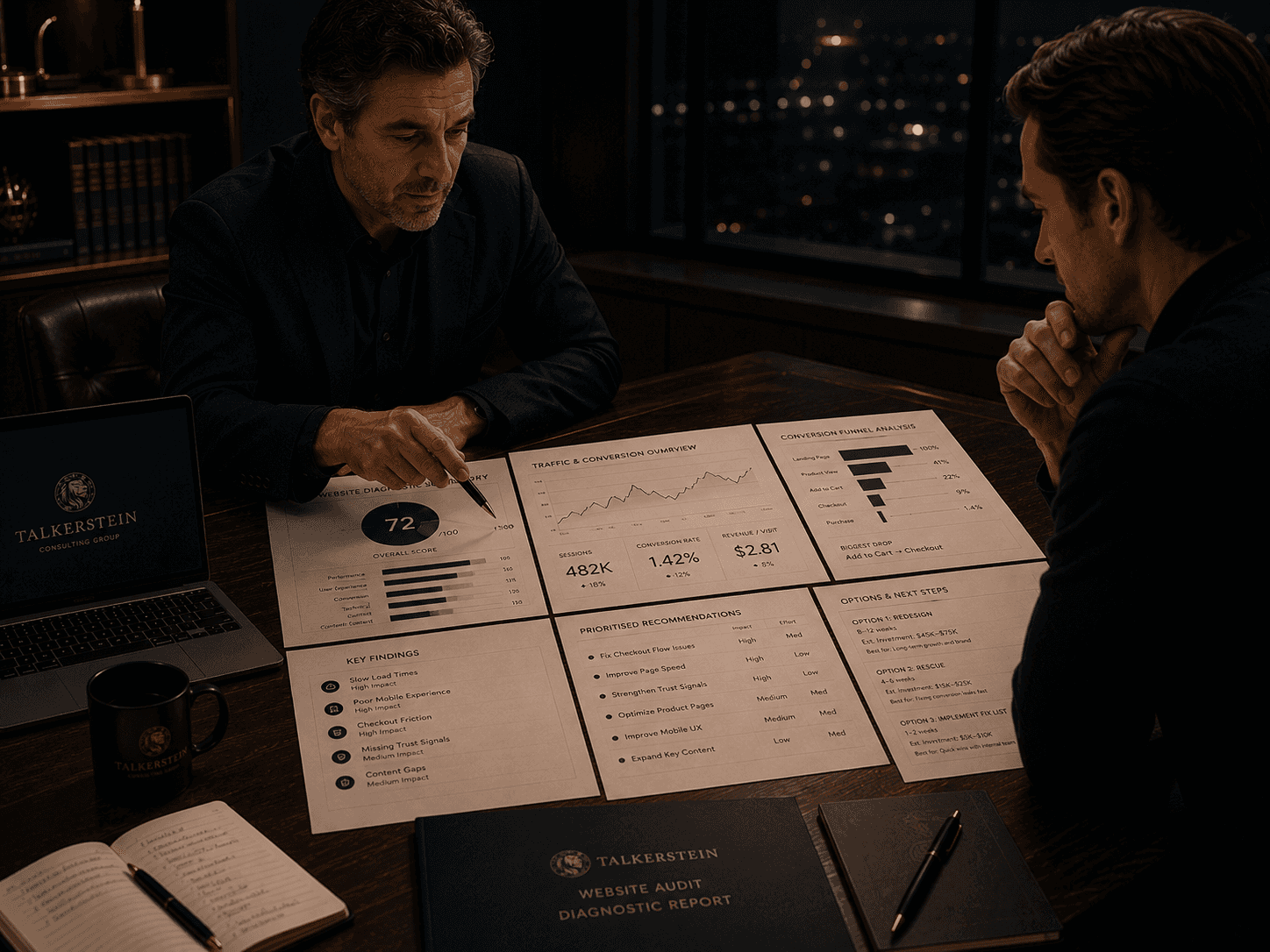 Business consultant and client reviewing website audit findings, performance reports, and recommended next steps across a conference table in a sophisticated office.