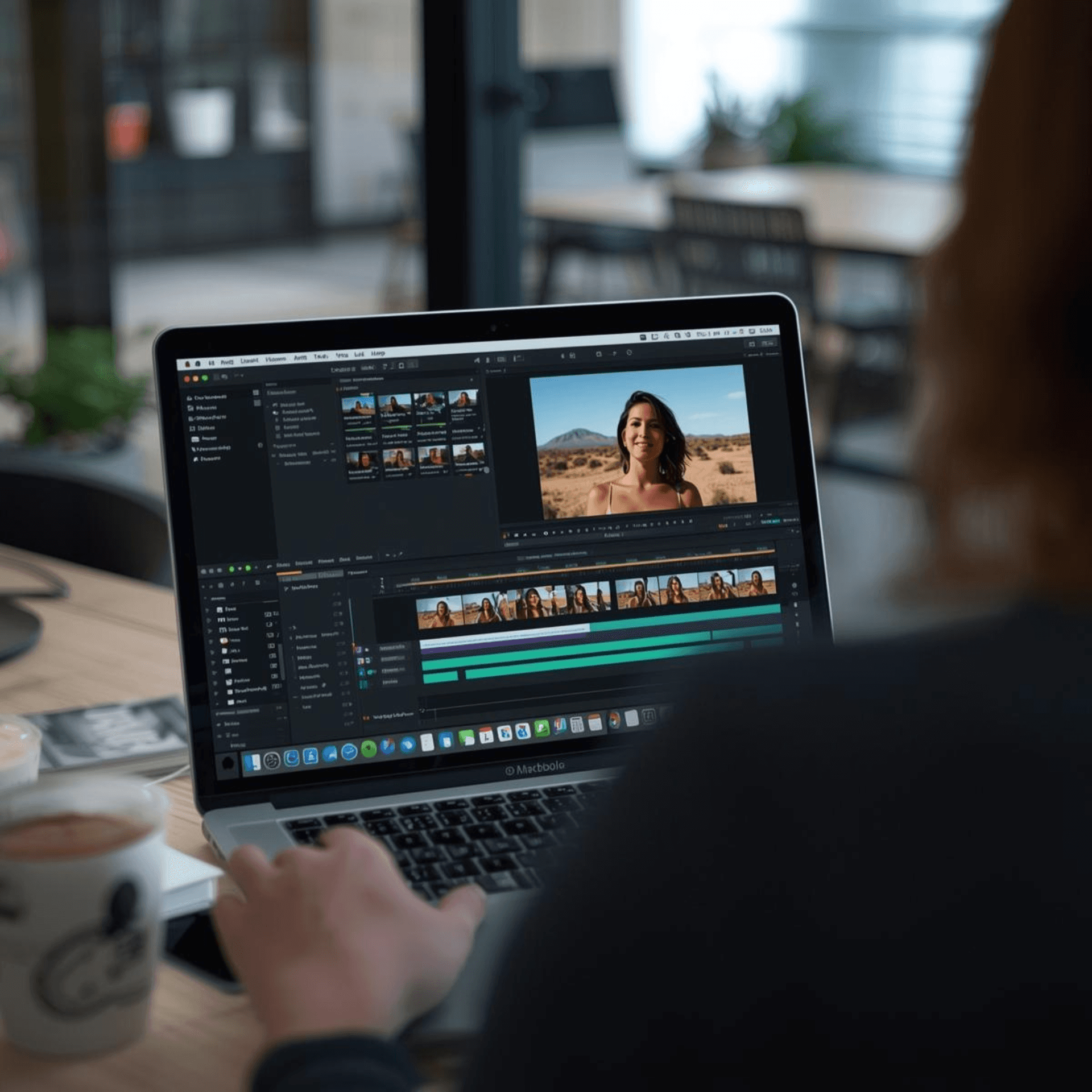 Close-up of a person editing a video on a MacBook Pro with editing software open, showing clips of a woman in a desert scene, perfect for video production portfolios.